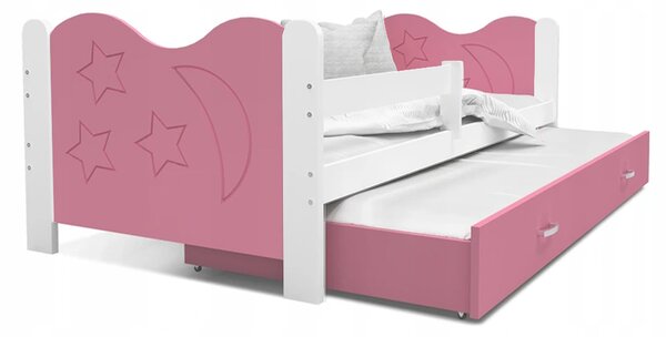 Dětská postel MIKOLAJ P2 80x190 cm s bílou konstrukcí v růžové barvě s přistýlkou