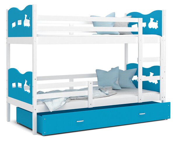 Dětská patrová postel MAX 160x80 cm s bílou konstrukcí v modré barvě s VLÁČKEM