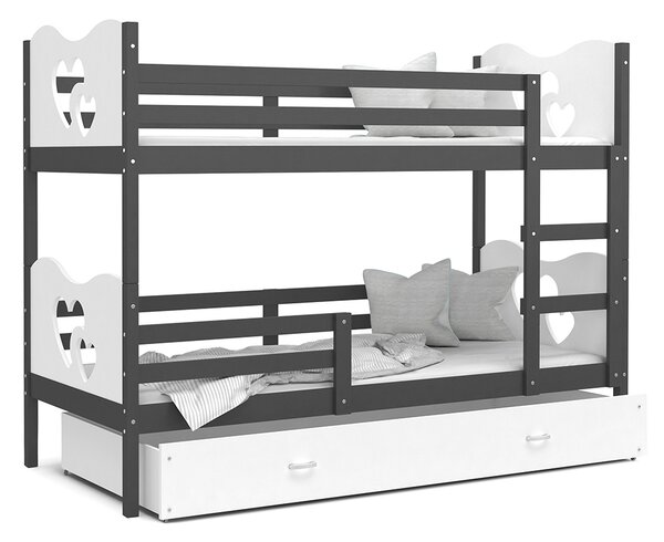 Dětská patrová postel MAX 160x80 cm s šedou konstrukcí v bílé barvě se SRDÍČKY