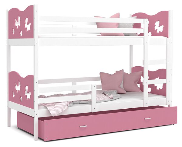 Dětská patrová postel MAX 160x80 cm s bílou konstrukcí v růžové barvě s MOTÝLKY