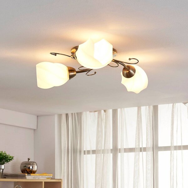 Lindby Stropní lampa Ameda s romantickým designem, stmívatelný, Bronz / starožitná mosaz, Obývací pokoj / jídelna, Sklo, Starožitný
