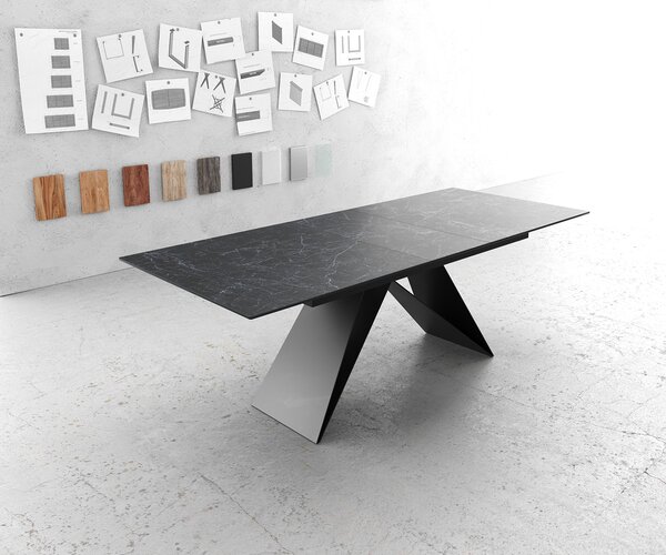 DELIFE Jídelní stůl Edge 180-220x90cm keramika Laminam®Nero Greco antracitová podnož ve tvaru V černá rozkládací