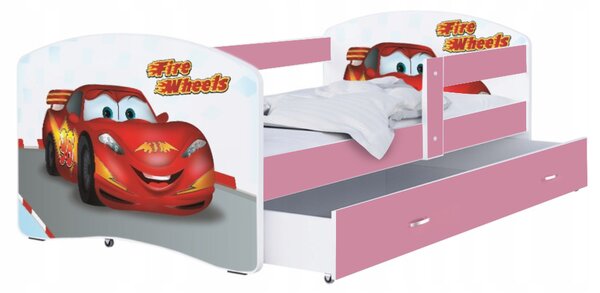 Dětská postel LUKI se šuplíkem RŮŽOVÁ 160x80cm vzor FIRE WHEELS 43L