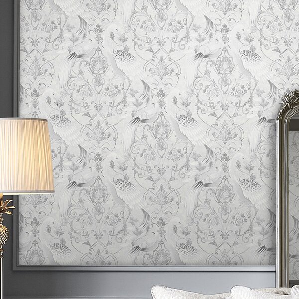 Zámecká vliesová tapeta na zeď, šedo-stříbrná, ornamenty, ptáci, 119868, Laura Ashley 3, Laura Ashley Signature