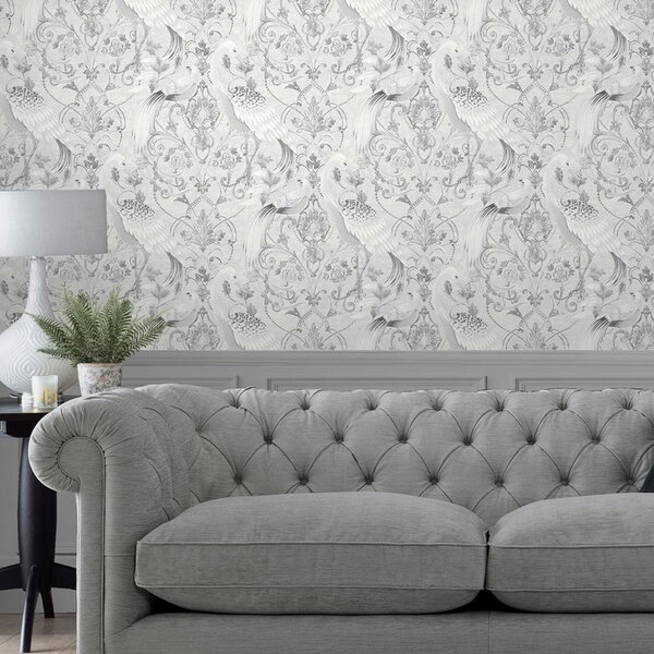 Zámecká vliesová tapeta na zeď, šedo-stříbrná, ornamenty, ptáci, 119868, Laura Ashley 3, Laura Ashley Signature