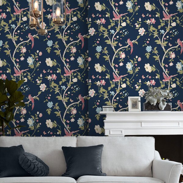 Vliesová tapeta na zeď, modrá, květiny, motýli a ptáci, 120134, Laura Ashley 3, Laura Ashley Signature