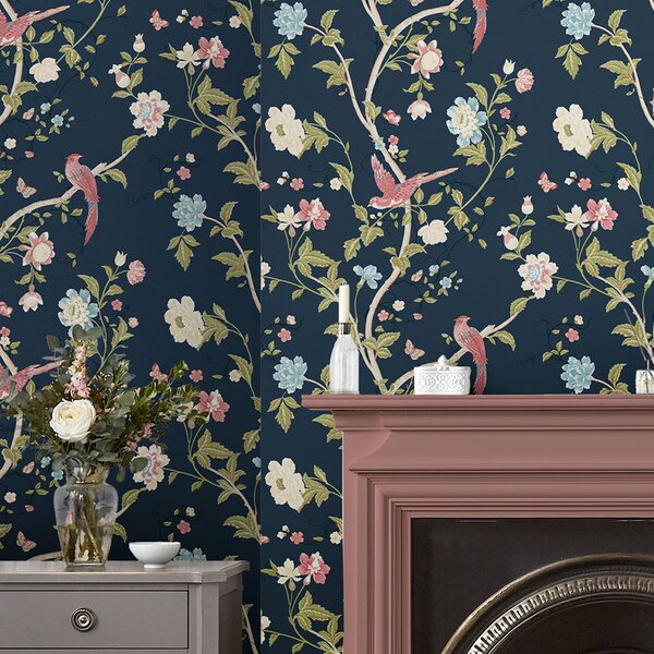 Vliesová tapeta na zeď, modrá, květiny, motýli a ptáci, 120134, Laura Ashley 3, Laura Ashley Signature
