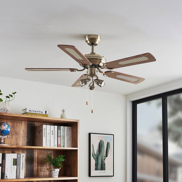 Lindby Stropní ventilátor s osvětlením Anariki, tichý, mosazný, Mosaz / zlato, Obývací pokoj / jídelna, kov, Venkovský / rustikální