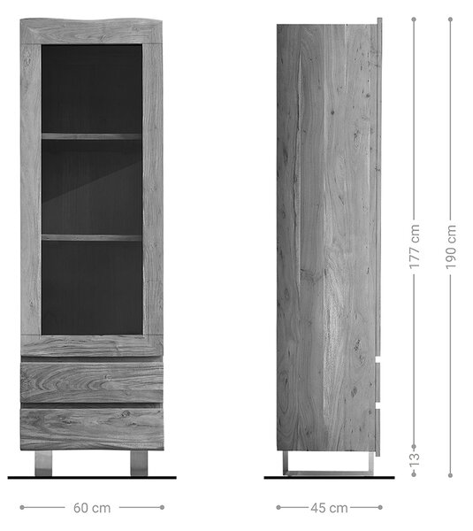 DELIFE Skleněná vitrína Live-Edge 60x190 cm akácie přírodní přírodní hrana 1 dvířko 2 zásuvky masivní