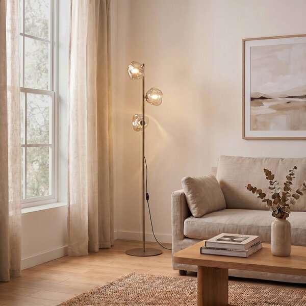 TK Lighting Stojací lampa Lava, písková/koňaková, sklo, 151 cm, 3 žárovky, G9, Krémová / jantar, Obývací pokoj / jídelna, Sklo, Moderní