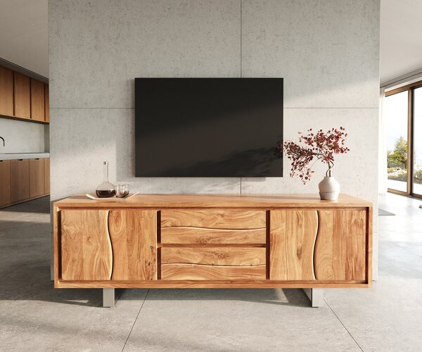 DELIFE TV stolek Live-Edge 200 cm akácie přírodní 4 dvířka 2 zásuvky