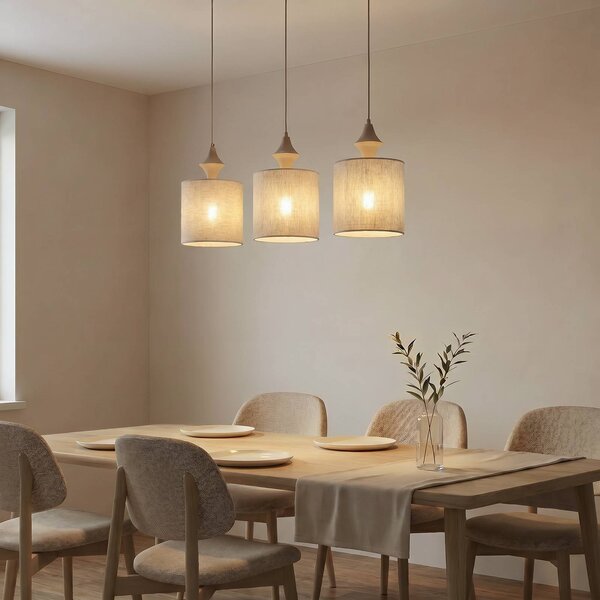 TK Lighting Závěsné světlo Amura, 3 žárovky, délka 105 cm, béžová/písková, E27, stmívatelný, Krémová / jantar, Obývací pokoj / jídelna, Textil / tkanina / hedvábí, Moderní
