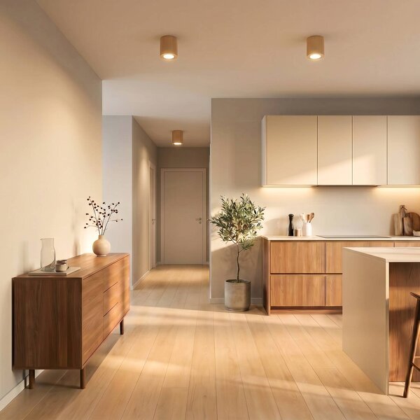 TK Lighting Stropní bodové světlo Eve, výška 8,5 cm, GU10, dřevo, stmívatelný, Světlé dřevo, Obývací pokoj / jídelna, Dřevo, Moderní