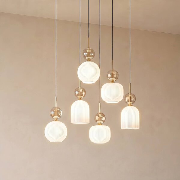 TK Lighting Závěsné světlo Sophia, 6 žárovek, bílé/koňakové, délka 65 cm, E14, stmívatelný, Bílá / opál, Obývací pokoj / jídelna, Sklo, Moderní
