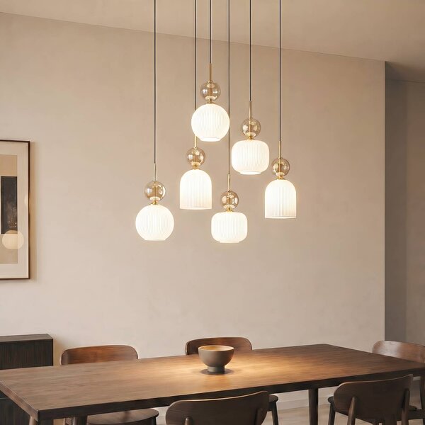 TK Lighting Závěsné světlo Sophia, 6 žárovek, bílé/koňakové, délka 65 cm, E14, stmívatelný, Bílá / opál, Obývací pokoj / jídelna, Sklo, Moderní