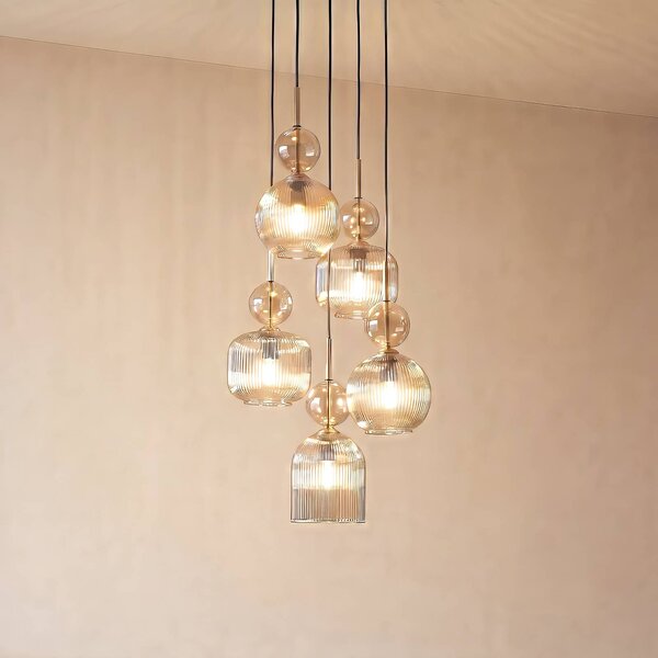 TK Lighting Závěsné světlo Sophia, 5 žárovek, Ø 37 cm, koňaková/černá, E14, stmívatelný, Hliník / šedá / zinek, Obývací pokoj / jídelna, Sklo, Moderní