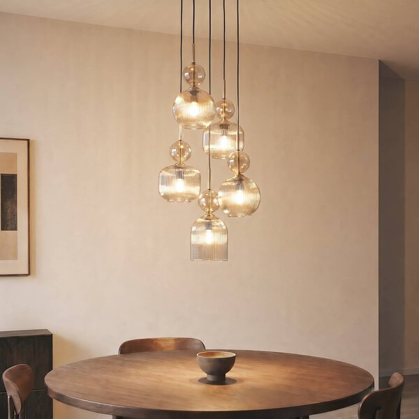 TK Lighting Závěsné světlo Sophia, 5 žárovek, Ø 37 cm, koňaková/černá, E14, stmívatelný, Hliník / šedá / zinek, Obývací pokoj / jídelna, Sklo, Moderní