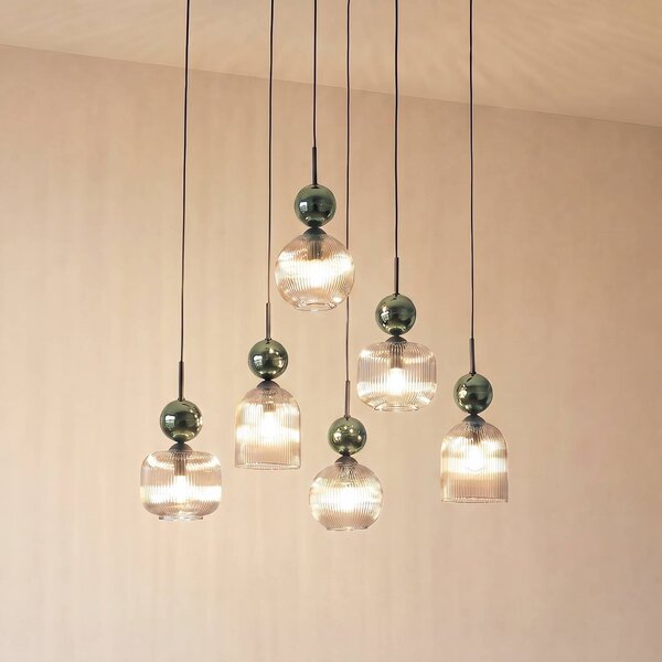 TK Lighting Závěsné světlo Sophia, 6 žárovek, koňaková/zelená, délka 65 cm, E14, stmívatelný, Zelená, Obývací pokoj / jídelna, Sklo, Moderní