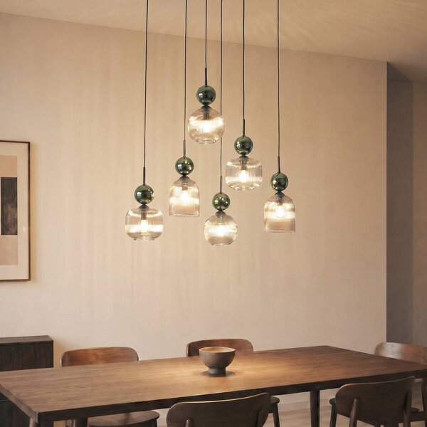 TK Lighting Závěsné světlo Sophia, 6 žárovek, koňaková/zelená, délka 65 cm, E14, stmívatelný, Zelená, Obývací pokoj / jídelna, Sklo, Moderní