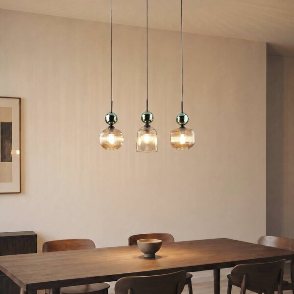 TK Lighting Závěsné světlo Sophia, 3 žárovky, koňaková/zelená, délka 65 cm, E14, stmívatelný, Zelená, Obývací pokoj / jídelna, Sklo, Moderní