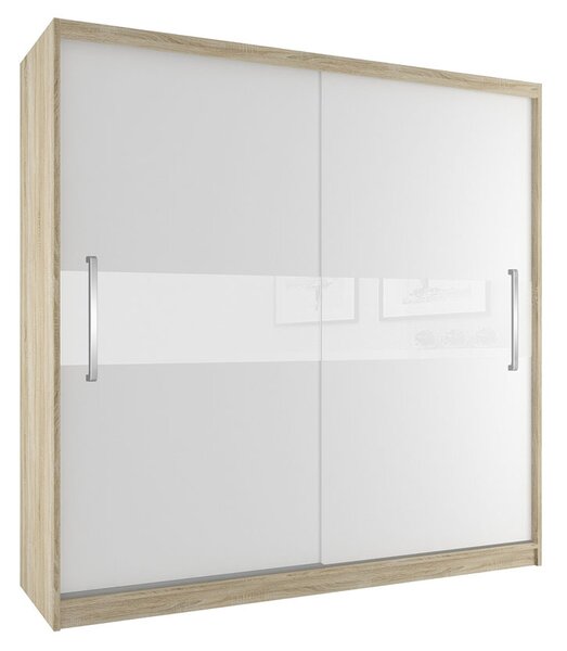 Velká šatní skříň CRAFTON 200 cm s posuvnými dveřmi DUB SONOMA/MAT/BÍLÝ LESK