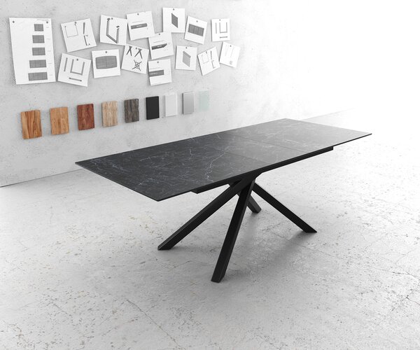 DELIFE Jídelní stůl Edge 180-220x90cm keramika Laminam®Nero Greco antracitová křížová podnož obdélníkový černý rozkládací