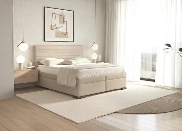 Americká postel boxspring NUVIA 200x200cm, s matracemi, topperem a úložným prostorem, krémový samet