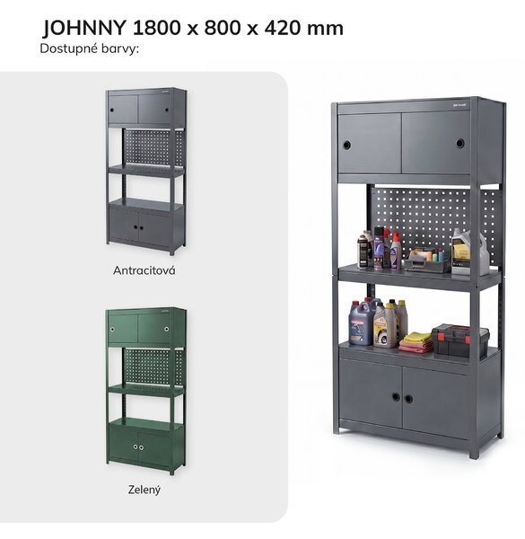 Kovový regál se skříňkami antracitový: JOHNNY, 1800 x 800 x 420 mm