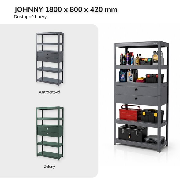 Kovový regál se zásuvkami antracitový: JOHNNY, 1800 x 800 x 420 mm
