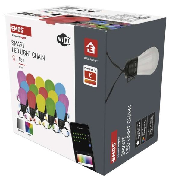 EMOS GoSmart LED světelný řetěz – 15× párty žárovky, 15 m, venkovní i vnitřní, RGB, WiFi 1555017000
