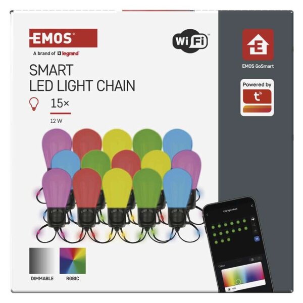EMOS GoSmart LED světelný řetěz – 15× párty žárovky, 15 m, venkovní i vnitřní, RGB, WiFi 1555017000