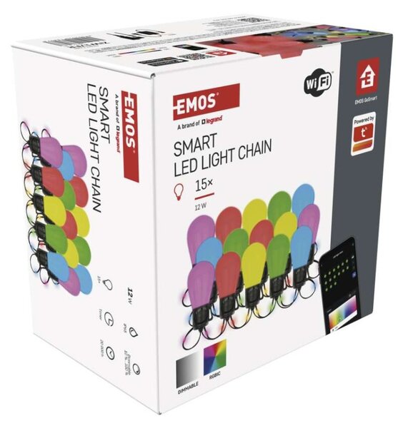 EMOS GoSmart LED světelný řetěz – 15× párty žárovky, 15 m, venkovní i vnitřní, RGB, WiFi 1555017000