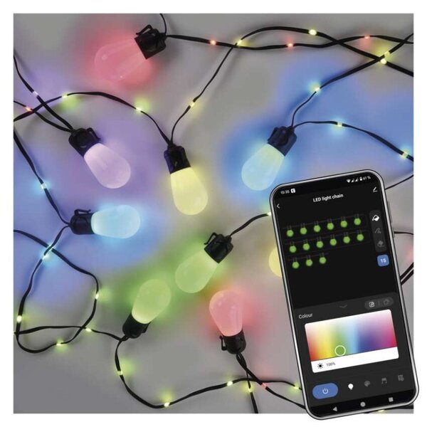 EMOS GoSmart LED světelný řetěz – 15× párty žárovky, 15 m, venkovní i vnitřní, RGB, WiFi 1555017000