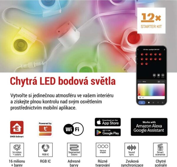 EMOS GoSmart LED bodové svítidlo – řetěz 255 cm, 12 dílů, 7 W, RGBIC+CCT, stmívatelné, WiFi 1555015000