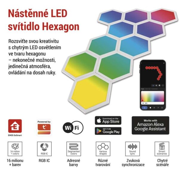 EMOS GoSmart LED svítidlo Hexagon, 10 dílů, 19 W, RGB, stmívatelné, WiFi 1555022000
