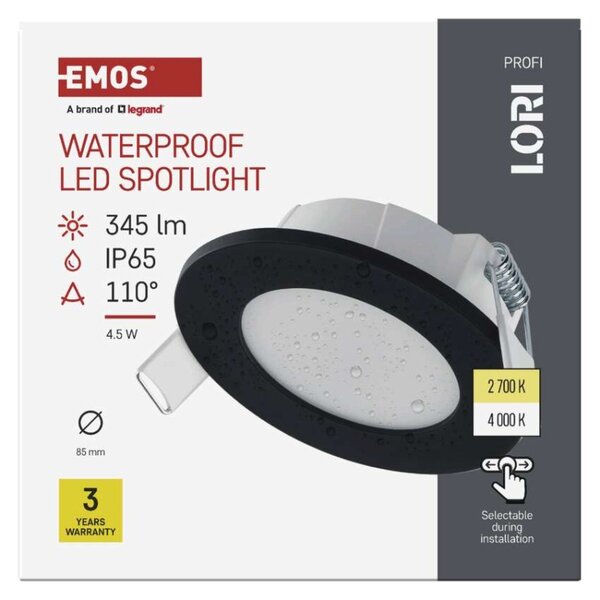 EMOS LED bodové svítidlo LORI 4,5W 345LM IP65 CCT černá 1540117000
