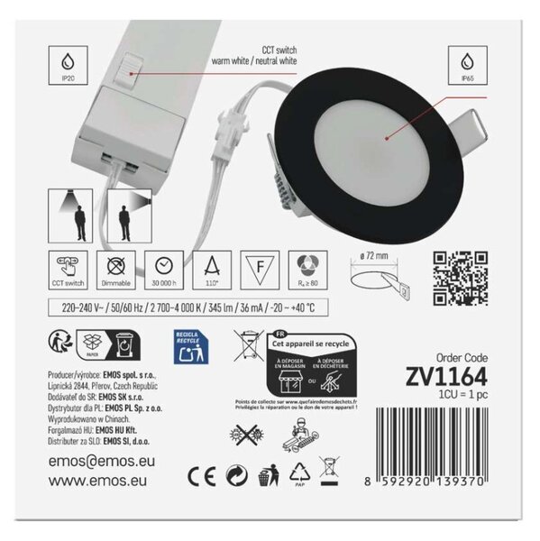 EMOS LED bodové svítidlo LORI 4,5W 345LM IP65 CCT černá 1540117000