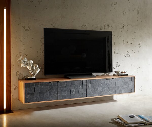 DELIFE TV stolek Teele 200 cm akácie přírodní břidlice 4 dvířka závěsný