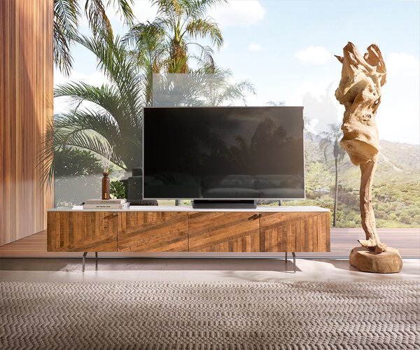 DELIFE TV stolek Bahan 200 cm mango teak 4 dvířka mramorová deska bílá rohová podnož nerezová ocel