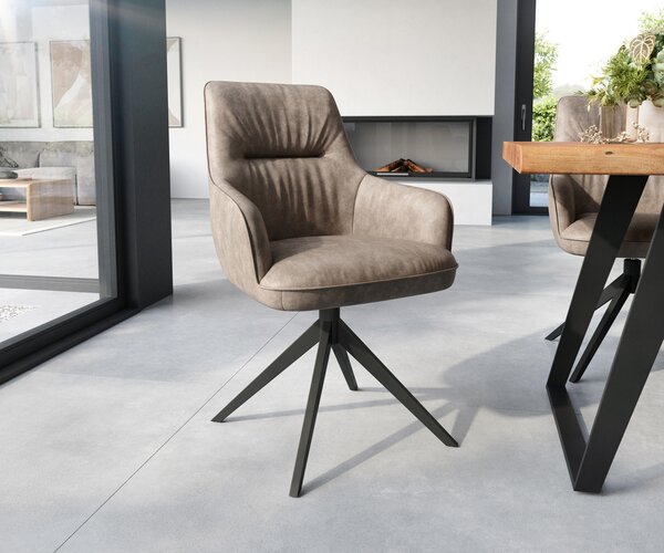 DELIFE Jídelní židle Zelia-Flex s područkami mikrovlákno taupe vintage křížová podnož široká černá taštičkové pružiny
