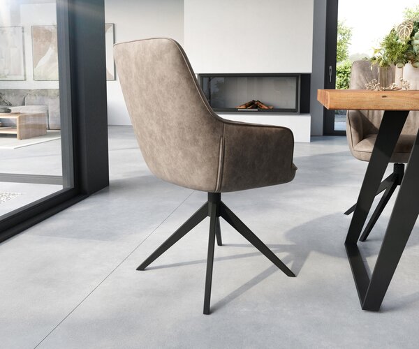 DELIFE Jídelní židle Zelia-Flex s područkami mikrovlákno taupe vintage křížová podnož široká černá taštičkové pružiny