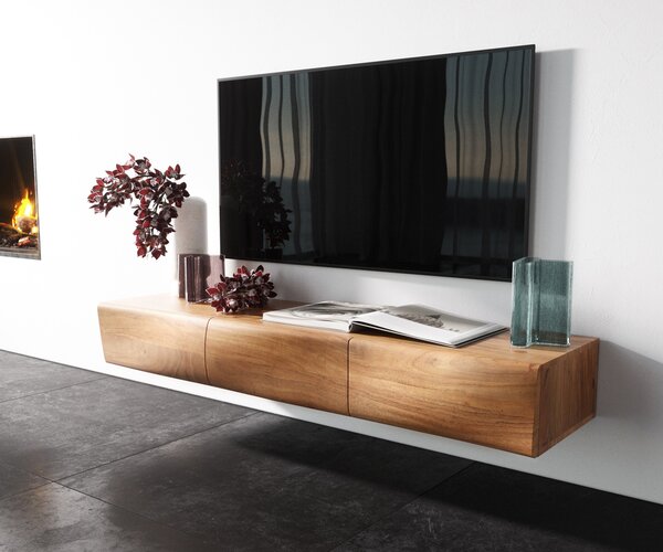DELIFE TV stolek New Live-Edge 145 cm akácie přírodní 3 dvířka závěsný