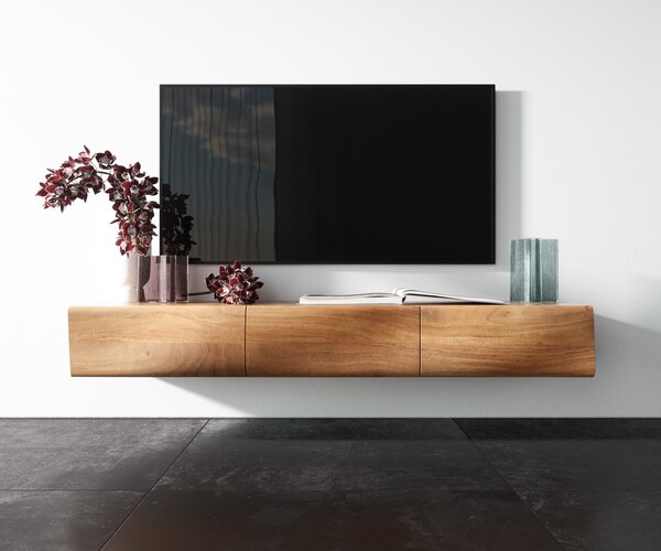 DELIFE TV stolek New Live-Edge 145 cm akácie přírodní 3 dvířka závěsný