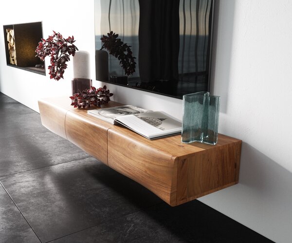 DELIFE TV stolek New Live-Edge 145 cm akácie přírodní 3 dvířka závěsný