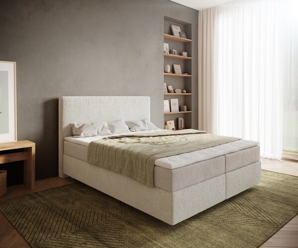 DELIFE Boxspring postel Dream-Well 160×200 cm bouclé krémovo-bílá s taštičkovou pružinovou matrací a visco topperem