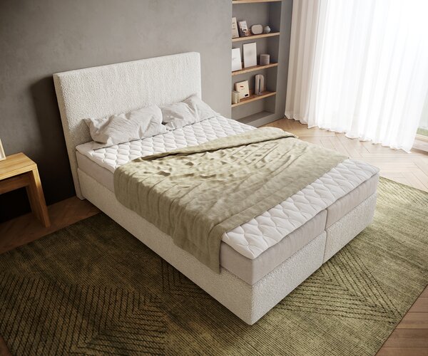 DELIFE Boxspring postel Dream-Well 140x200 cm bouclé krémovo-bílá s matrací a topperem
