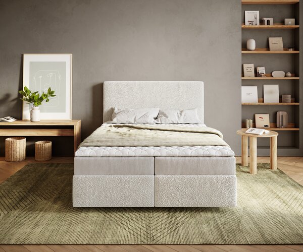 DELIFE Boxspring postel Dream-Well 140x200 cm bouclé krémovo-bílá s matrací a topperem
