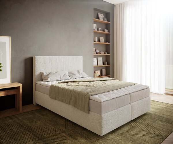 DELIFE Boxspring postel Dream-Well 140x200 cm bouclé krémovo-bílá s matrací a topperem