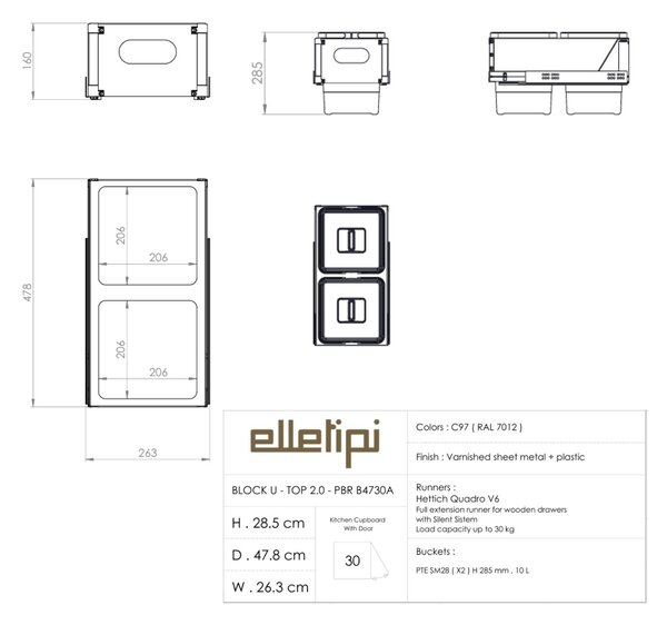 Vestavný odpadkový koš Elletipi BLOCK U-TOP 2.0, 10+10 L, PBR B4730A