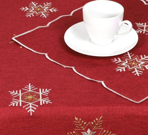 DekorTextil Ubrus Vánoční - Bílo zlaté vločky - červený ROZMĚR: 120 x 140 cm